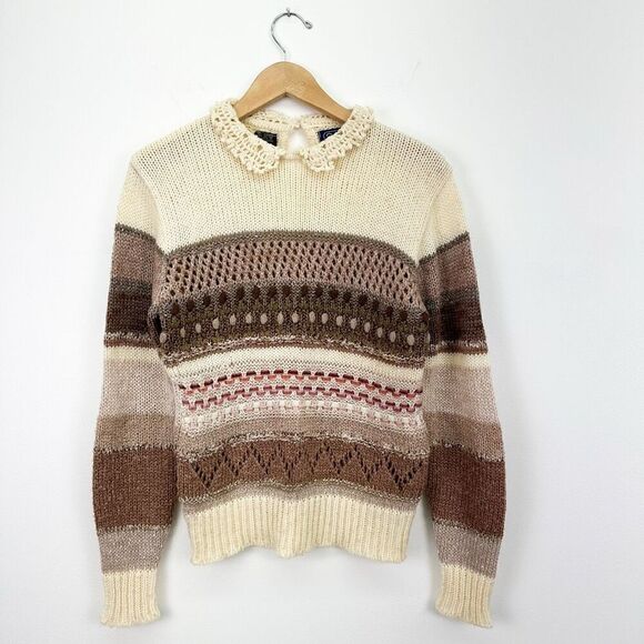 2OANS Knits by Mariea Kim Women’s Neutral Crochet Peter Pan Collar Sweater - Picture 1 of 12